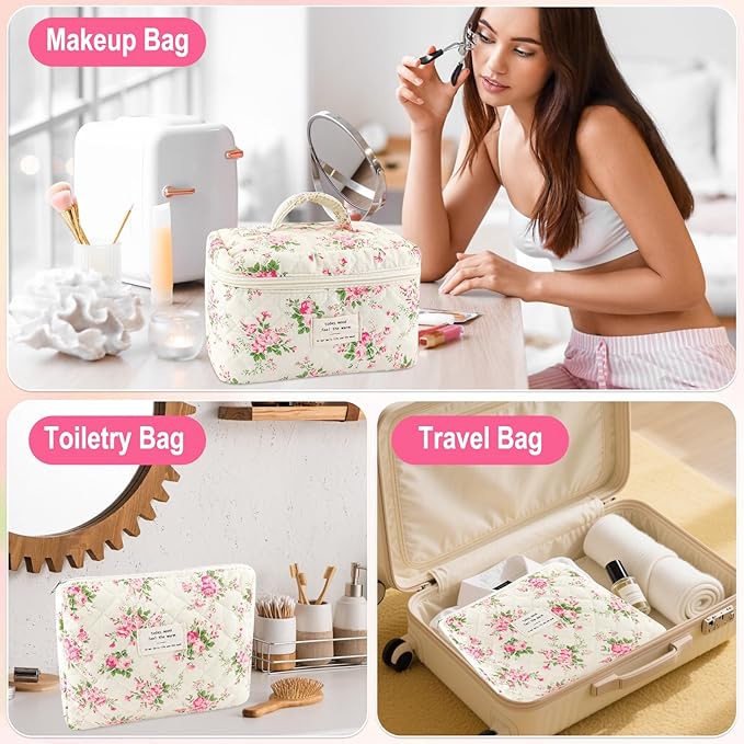 URSKYTOUS 3Pcs Cotton Quilted Makeup Bag for Women Girls Large Small Travel Pink Floral Cosmetic Bags Set Cute Coquette Makeup Pouch for Purse Aesthetic Cloth Flower Storage Toiletry Bag Organizer