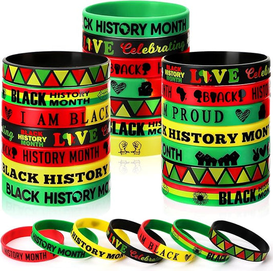 JUNEBRUSHS 42pcs Happy Black History Month Party Favors Silicone Bracelets Rubber Wristbands Accessories for Kids Adults African American Freedom Day Patriotic Party Decorations Gift Bag Fillers