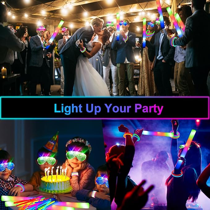 248 PCS Glow Party Supplies,New Year Party Favors 24PCS Foam Glow Sticks, 24PCS LED Glasses and 200PCS Glow Sticks Bracelets, Neon Party Favors for Glow Party, Wedding,Concert,Raves and Birthday