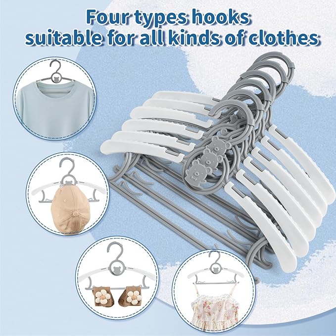Baby Hangers 100 Pack Extendable Adjustable Kids Hangers, 11-14 Inches Non-Slip Plastic Toddler Hangers for Baby Kid Kids Children Infant Child,Stackable Kid Hangers for Closet Grey Bear