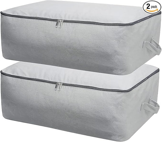 2PCS Durable Cotton Canvas, Soft Space Save Storage Bag Wardrobe Organizer with Handle & Zipper for Beddings, Comforters, Pillows, Blankets, Clothes, 25.6×18.5×8.7inch, Light Gray