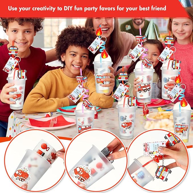 HyDren 211 Pcs Firefighter Party Favors Included Gift Cup Straw Keychain Slap Bracelet Mini Truck Sticker Stamper Card Tattoo Sticker Shovel Sticker Tag Cable Tie For Birthday Gift Prize