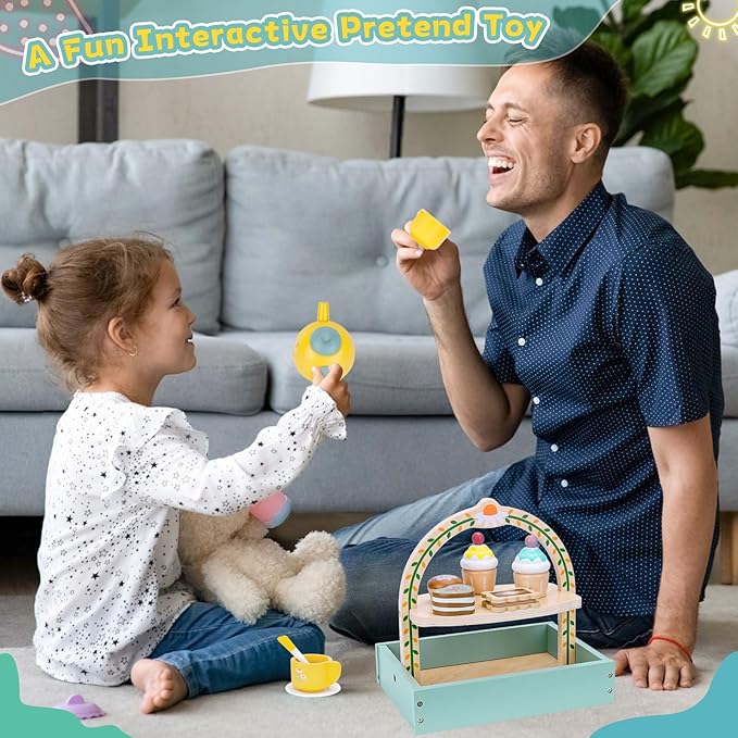 Hysagtek Wooden Tea Party Set for Little Girls, Toddler Tea Set with Cupcake Stand,Teapot Tea Cup Dessert Toys Tea Set Pretend Accessories for Girls Christmas Birthday Gift