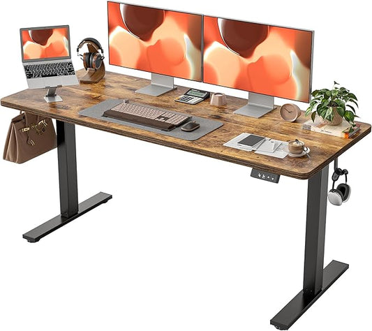 TIQLAB Electric Standing Desk, Adjustable Height Stand up Desk, 63 * 24 Inches Sit Stand Home Office Table with Splice Board, Rustic Brown
