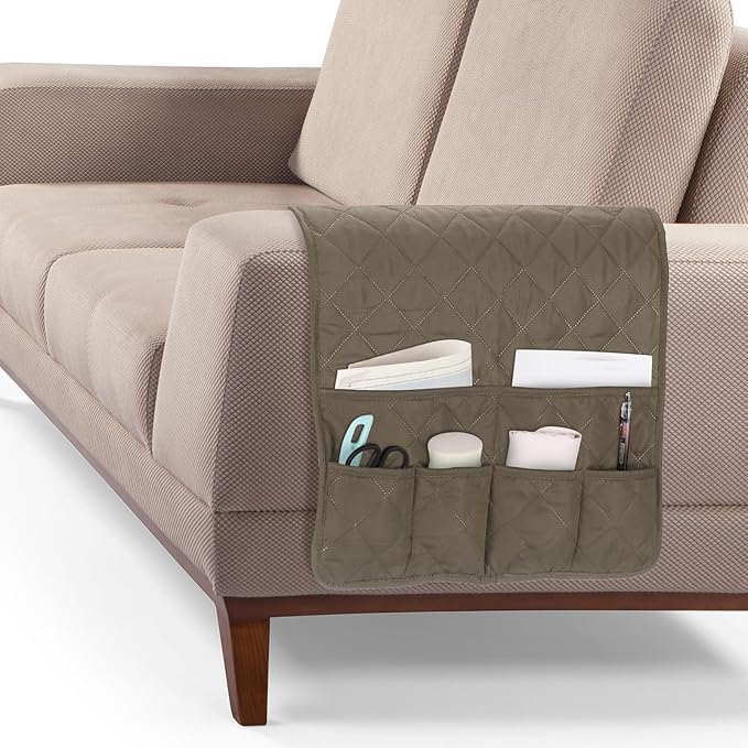 uxcell Couch Sofa Armrest Organizer Non-Slip Chair Arm Recliner Remote Control Organizer with 6 Pockets for Books, Magazines, Tablet, Phone, Plaid Khaki