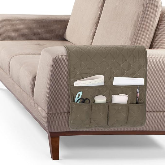 uxcell Couch Sofa Armrest Organizer Non-Slip Chair Arm Recliner Remote Control Organizer with 6 Pockets for Books, Magazines, Tablet, Phone, Plaid Khaki