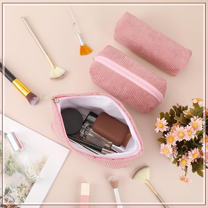 Huhumy 3 Pcs Makeup Bag Set for Women Corduroy Cosmetic Pouch Aesthetic Smile Travel Toiletry Bag Cute Purse Pouch Pencil Case Makeup Brushes Storage Organizer for Valentine(Pink,Solid Style)