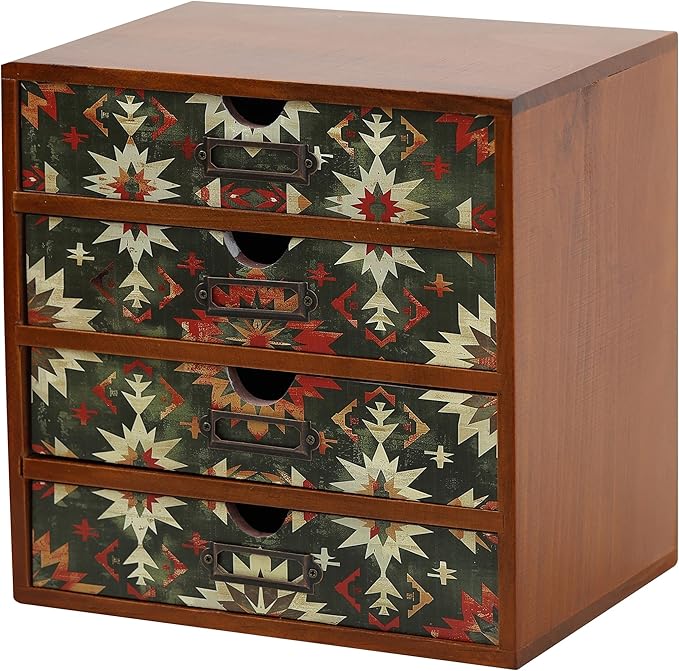 Boho Green Wooden Desk Organizer with Drawers – 4-Drawer Desktop Storage Box – Rustic Tribal Wood Desk Organizer for Office, Vanity, or Craft Supplies – Compact & Stylish Wooden Storage Drawers
