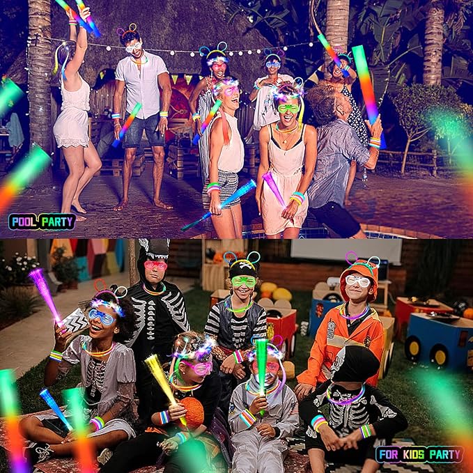 263 PCs Glow Party Supplies, 16 Foam Glow Sticks, 15 LED Glasses and 200 Glow Sticks ＆ Bracelets, 10 light up headband feather，12 Glow sticks headband，6 Fiber Optic Hair Light，4 Glow Fiber Optic Wands