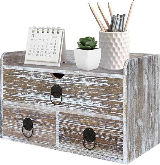 Wood Desk Organizer with Drawer, Washed Brown Wooden Desktop Organizer, Tabletop Storage Organization Box for Countertop, Home Office Supplies (3 Drawer and Shelf)