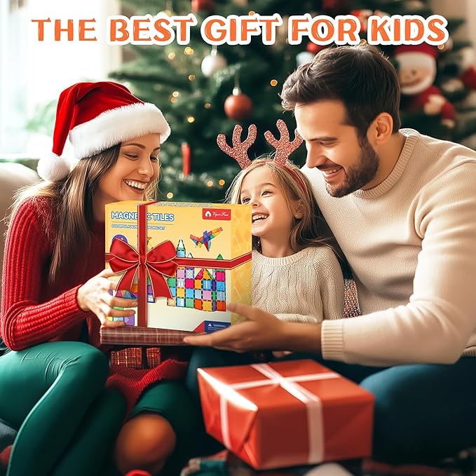 Magnetic Tiles Set, Magnet Tiles Building Blocks with Car Toy Figurines and Stickers, Construction Educational STEM Sensory Toys Gifts for 3 4 5 6 7 8 + Year Old Kids Toddlers Boys Girls