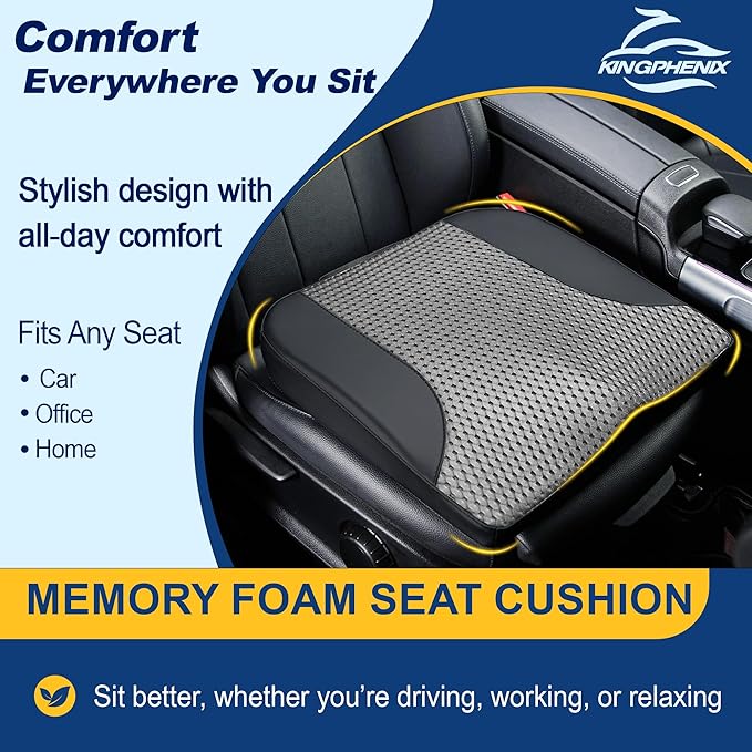kingphenix Car Seat Cushion – Memory Foam Pad for Driving Comfort – Boosts Height and Relieves Coccyx & Lower Back Pain – Car, Truck, Office Chair (Leather Black & 4D Mesh Gray)