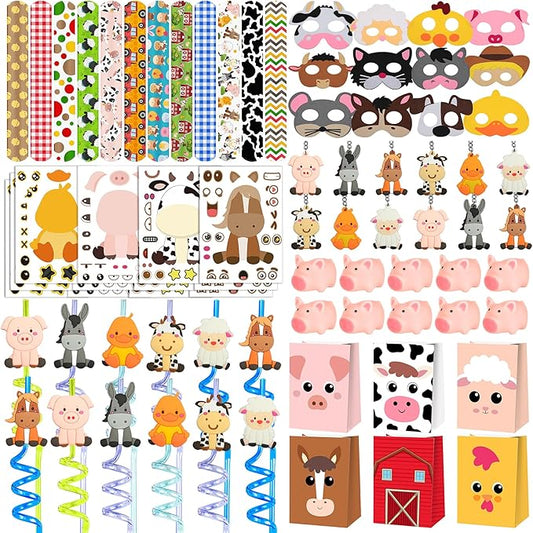 Farm Animals Party Favors Set 84 PCS Barnyard Animal Masks Sticker Keychains Straw Slap Bracelet Rubber Pigs Gift for Kids Birthday Party Baby Shower Goodie Bag Fillers Supplies
