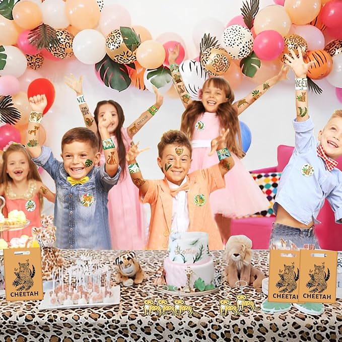 Cheetah Party Favors Cheetah Theme Slap Bracelets Key Chains Badge Temporary Tattoos Gift Bags for Kids Jungle Leopard Cheetah Birthday Party Baby Shower Safari Party Supplies