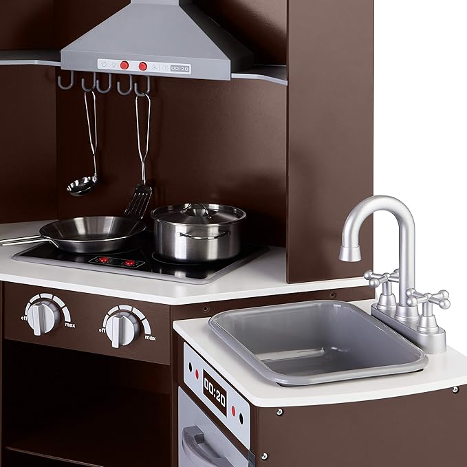 Amazon Basics Kids Corner Wooden Kitchen Toy Playset with Stove, Oven, Sink, Fridge and Accessories, for Toddlers, Preschoolers, Children Age 3+ Years, Espresso/Gray, 39.37"L x 28.35"W x 35.04"H