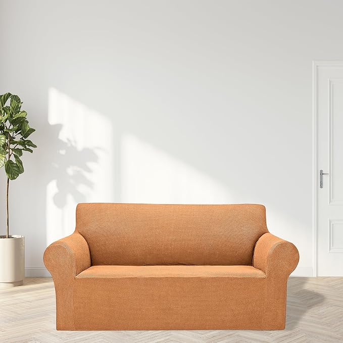 2025 New Stretch Loveseat Sofa Slipcovers Couch Cover for 2 Cushion Furniture Protector Sofa Covers with Elastic Bottom Jacquard Fabric Small Checks for Pets, Kids - Golden