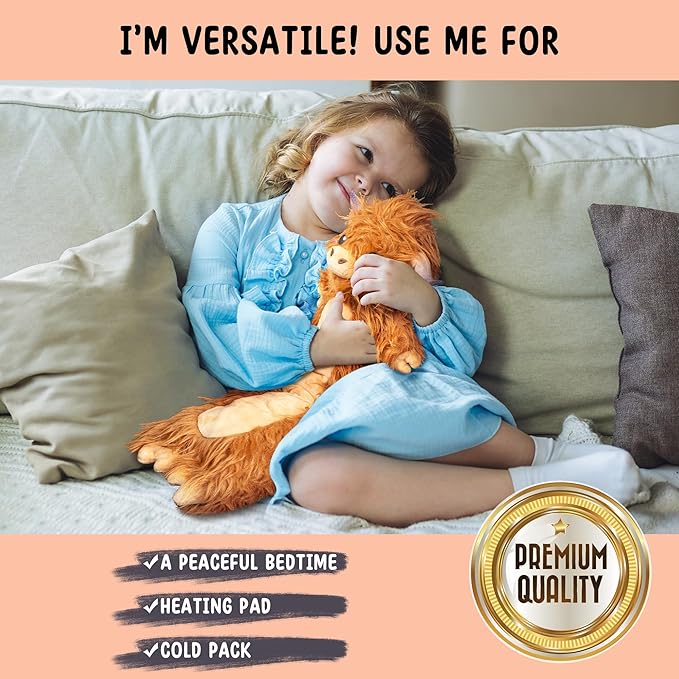 Brown Highland Cow Microwavable & Weighted Stuffed Animals - Unscented Heatable Plush Doll, Cute Cow Plush Toys Gifts for Girls Boys and Kids, Happy Fuel