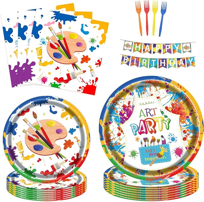 Art Party Kit for 24 Guests - 97 Pcs Including Plates, Forks, Napkins, Bunting - Unleash Imagination with Colorful Artist's Tableware