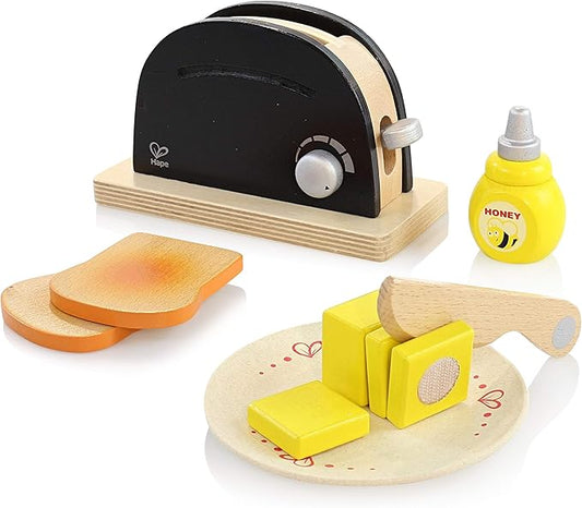 Hape Wooden Black Pop up Toaster Set| Pretend Play Kitchen Playset with Toast, Butter and Honey for Preschoolers Ages 3 Years and Up