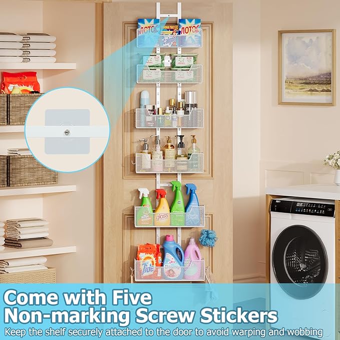 Hongtamoya Over The Door Organizer, Metal Hanging Door Organizer with 6 Adjustable Baskets and 5 Hooks, Behind The Door Storage for Closet Pantry Cabinet Kitchen Bathroom Bedroom, White