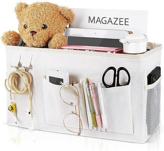 Bedside Caddy Bedside Organizer Hanging Storage Bag for Bunk College Dorm Bed and Hospital Beds with Magazine Water Bottle Phone Holder (White)