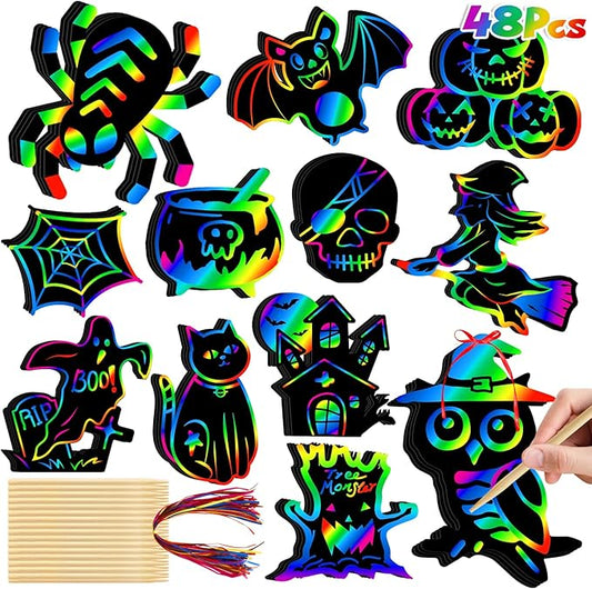 Halloween Crafts Kit for Kids, 48 Pcs Magic Scratch Off Cards Paper Hanging Set, Halloween Party Favors Gifts Ornaments for Kids Halloween Party Games Classroom DIY Activity Art Craft Supplies