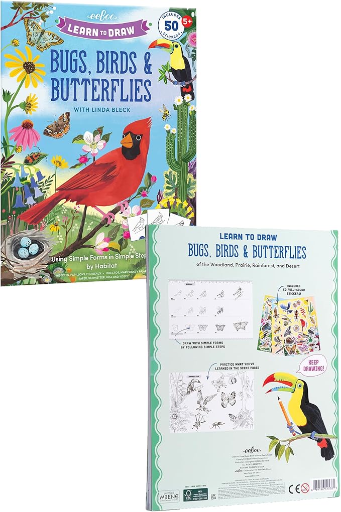 eeBoo: Learn to Draw - Bugs, Birds & Butterflies - 32 Page Activity Book & 50 Stickers Set, Fun Nature-Themed Step-by-Step Drawing & Coloring, Kids 5+
