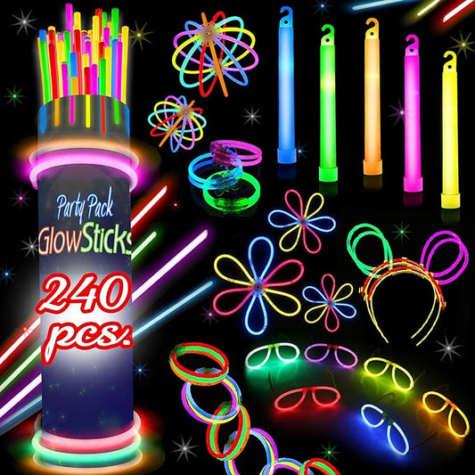 240 Glow Sticks Party Pack – Camping Glow Activities For Families – Neon Light Sticks Decoration For Party Favors Kids And Adults, Balls, Flowers And Much More