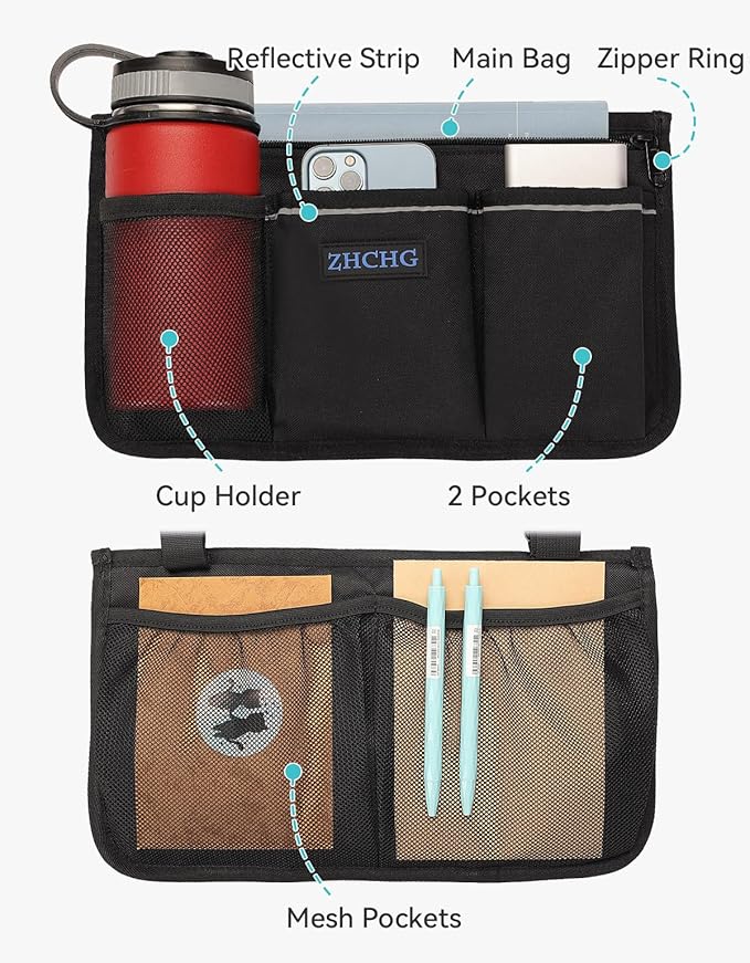 Wheelchair Side Bag, Wheelchair Armrest Pouch Accessories with Cup Holder, Storage Bag for Walker, Rollator, Electric Scooter Wheelchairs, Ideal Gift for Mother's Day & Father's Day
