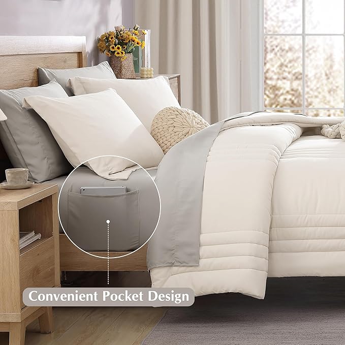 Monbix Queen Comforter Set - 7 Pieces Snow White Bed in a Bag Queen Bedding Sets with Comforters, All Seasons Comforter Bed Set with Sheets, Pillowcases & Shams