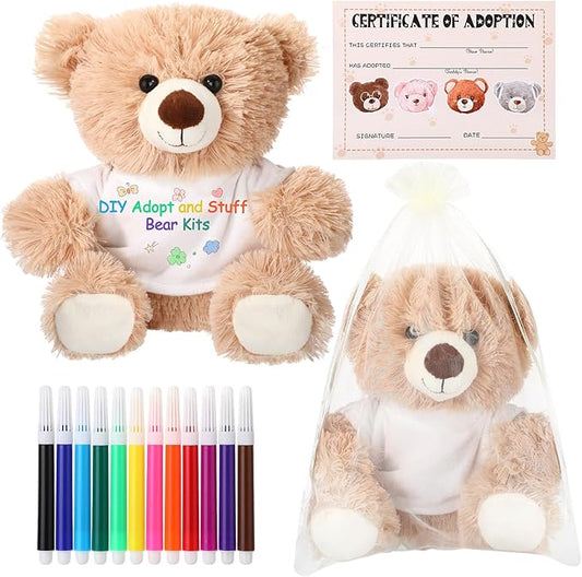 HyDren Valentine's Day Gifts for Kid DIY Bear Stuffed Animal Set Adopt and Stuff Bear Kit 10 Inch Soft Bear Plush with White Bear Clothes Adoption Card DIY Brush for Classroom Favor Baby Shower Party