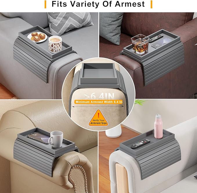 Bamboo Sofa Armrest Tray Table for Couch - 2-in-1 Foldable Couch Arm Table with Be Slide Detachable Tray- Anti-Slip Sofa Armchair Caddy for Drinks Cellphone TV Remote Snacks(Gray)