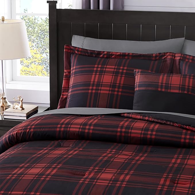 MaiRêve King Comforter Set, Classic Red Black Plaid Bedding Set 7 Pieces, Farmhouse Lightweight All Season Bed in a Bag with Sheets, Pillowcases & Shams