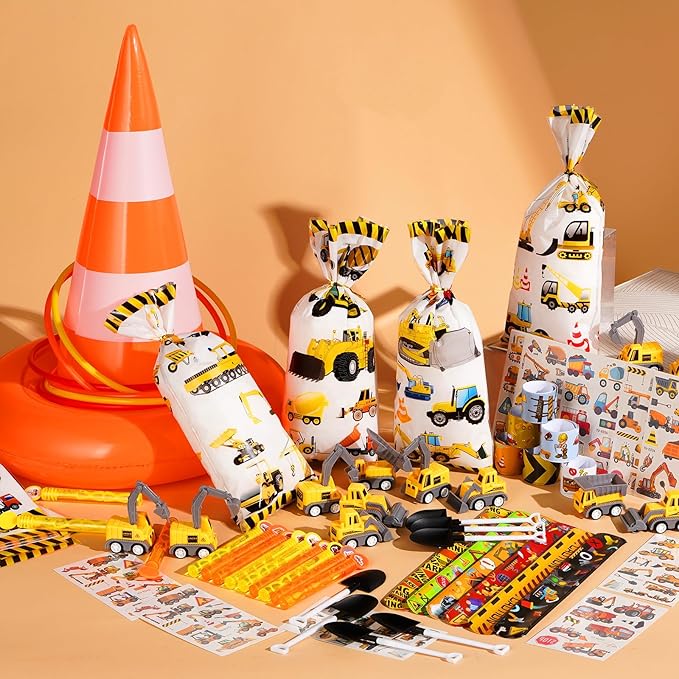 Construction Party Favors Construction Birthday Party Decorations for Kids Ring Toss Game Mini Construction Vehicles Toys Temporary Tattoos Gift Bags for Construction Birthday Party Game Supplies