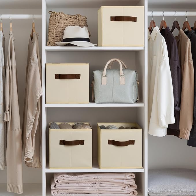 Cupic Cupid Storage Bins Closet, Fabric Closet Organizers and Storage, 4-Pack Baskets for Organizing, Large Storage Boxes with Handles for Clothes and Toys, Beige