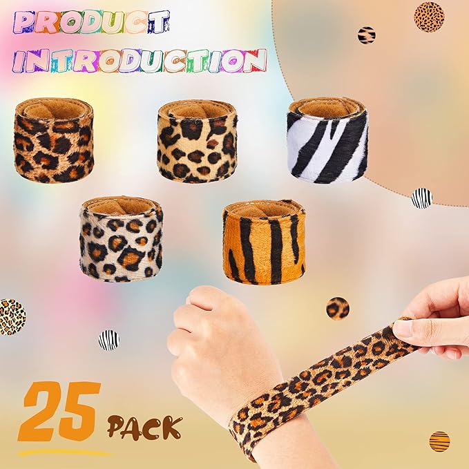 25 Pieces Animal Print Wristband Wild Animal Slap Bracelets Assorted Safari Print Slap Bracelet Deer Leopard Tiger Slap Bracelet for Kids Boys Girls Animal Themed Birthday Party Favors