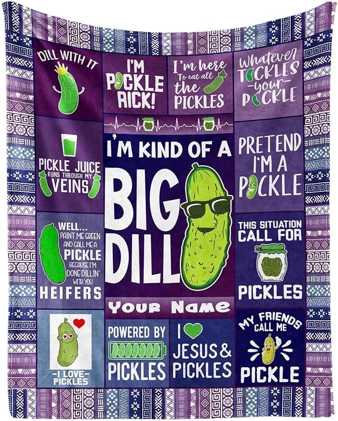 Custom Pickle Blanket with Name for Boys Girls, Personalized Cute Pickle Themed Design Printed Throw Blankets for Kids Lap, Chair Sofa, Giftable Blanket, 40"x 50"