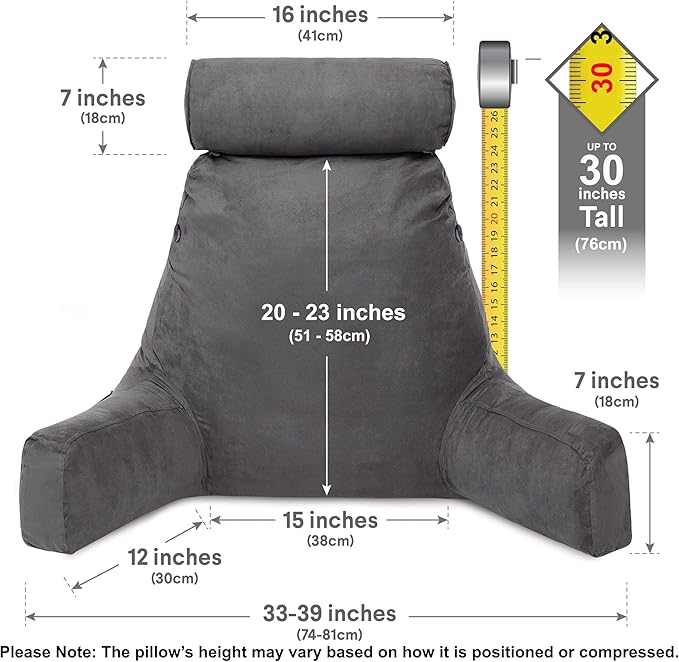 Husband Pillow XXL Aspen Edition, Adult Reading Sit Up Bed Rest Pillow for Bed with Arms & Neck Roll on Bungee Cord - Premium Memory Foam - Reversible 2 Sided Cover Micro Suede or Plush, Iron Grey
