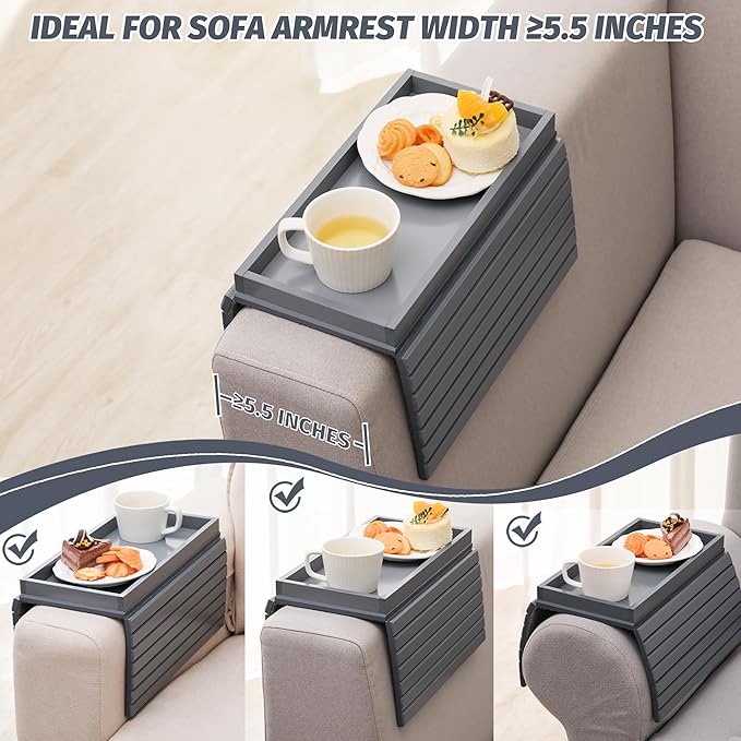 GEHE Bamboo Sofa Arm Tray, Foldable Couch Arm Tray Side Table, Anti-Falling Armrest Tables Cup Holder for Snacks, Drinks, Beers, Phone, Control, Flexible and Portable, Anti-Slip