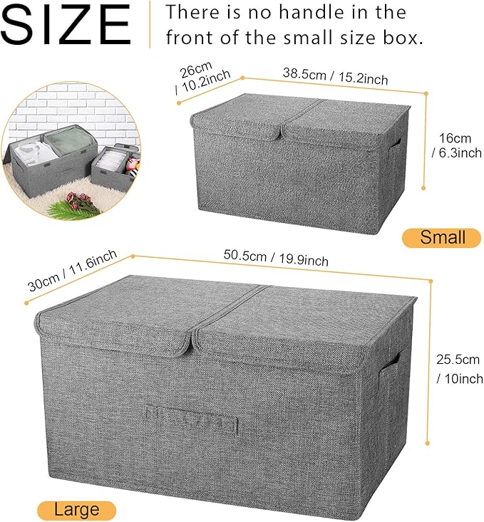 2 Pack Large Storage Boxes with Lids and Handles, Collapsible Linen Storage Bins Organizer Containers Baskets Cube with Removable Divider for Home Bedroom Closet Office (Grey, Large)