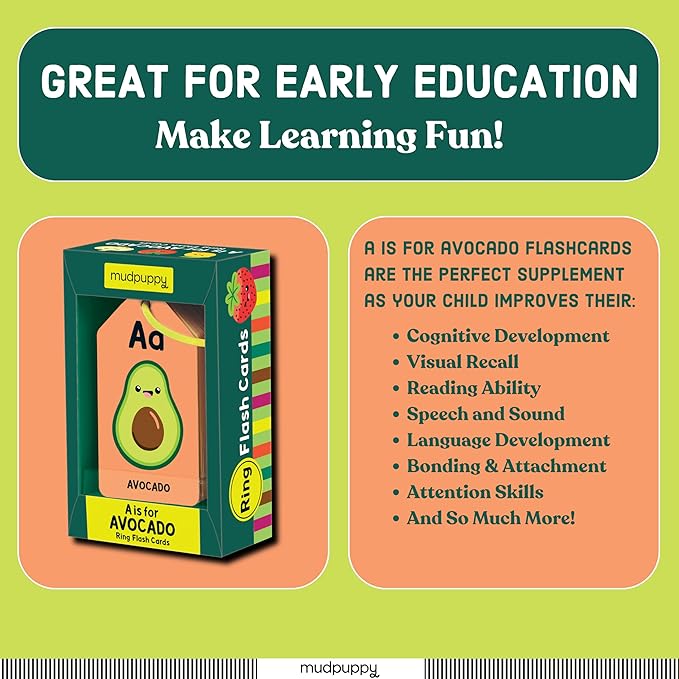 Mudpuppy A is for Avocado — Ring Flashcards 26 Durable Double Sided Alphabet Food Cards and Reclosable Ring with Colorful Art for Babies Age 1+ Perfect for Preschool Or Travel for Teacher and Parents