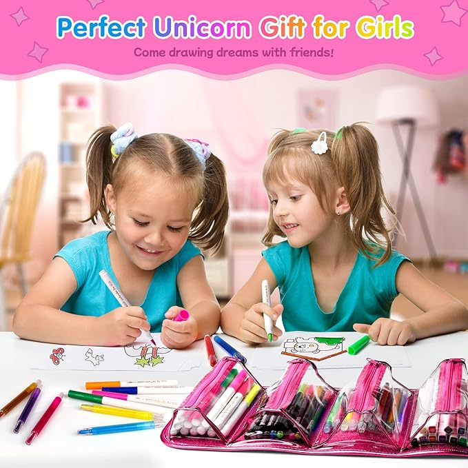 beefunni Unicorn Washable Markers Set 48 pcs with Glitte Pencil Case, Art Supplies for Kids Ages 4-6-8, Arts Crafts Coloring Set with Unicorn Stickers - Birthday Gifts for Girls 4 5 6 7 8 9 Year Old