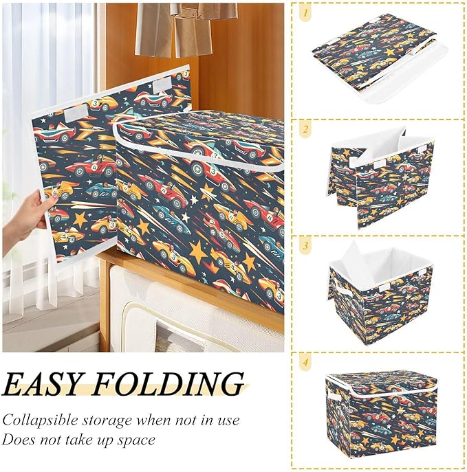 senya Large Storage Bins with Linen Collapsible Foldable Storage Cubes Fabric Closet Organizer Containers box with Flip-Top Lid for Home Bedroom Office 16.7 x 12.6 x 11.8in (Racing Car)