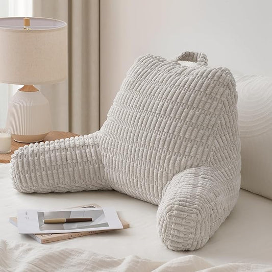 Blissful Diary Reading Pillow, Backrest Pillow with Shredded Memory Foam for Adult & Children, Designed for Bed and Couch Sitting Up, Includes Arms, Pockets and Washable Cover, Light Gray