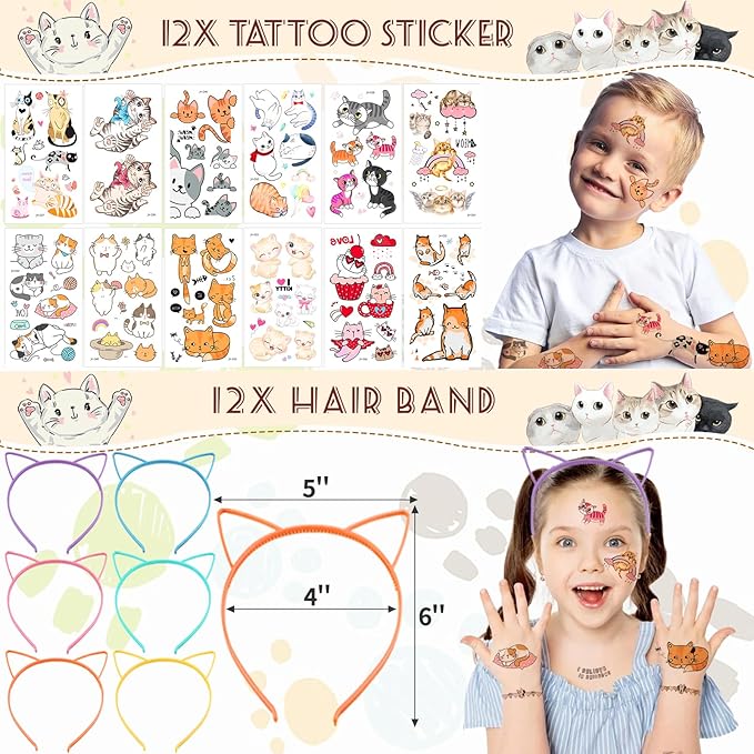 134Pcs Cat Party Favors Set for Kids Cat Themed Birthday Party Supplies With Cat Headband Spiral Notepads Pens Keychains Tattoo Cat DIY Face Stickers Silicone Bracelets Cat Favors for Girls Kids Party