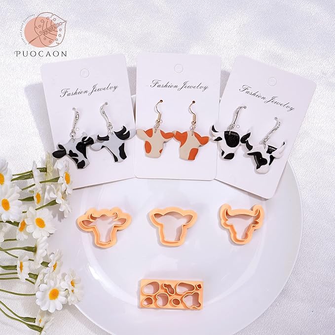 Puocaon Cow Spot Clay Cutters - 7 Pcs Cow Shapes Clay Earring Cutters, Farm Shape Clay Cutters for Jewelry Making, Animal Clay Cutters for Polymer Clay Jewelry Earrings Making Basic Clay Cutters Set