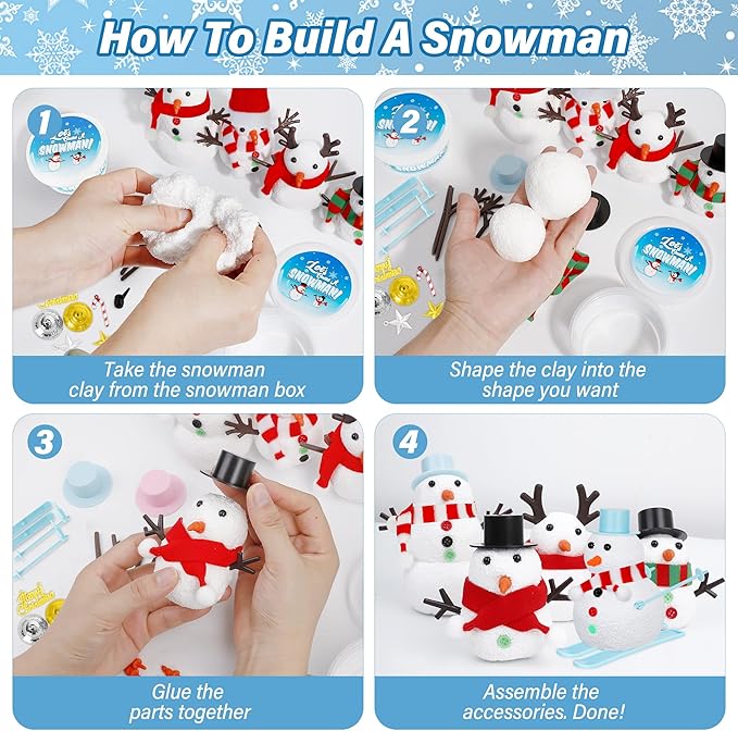 24 Pack Build a Snowman Kit, Christmas DIY Snowman Crafts for Kids Bulk, Snowman Kit Winter Decorations Indoor, Creative Kids Air Dry Clay Modeling Crafts Kit for Christmas Kids Gifts Favor Supplies