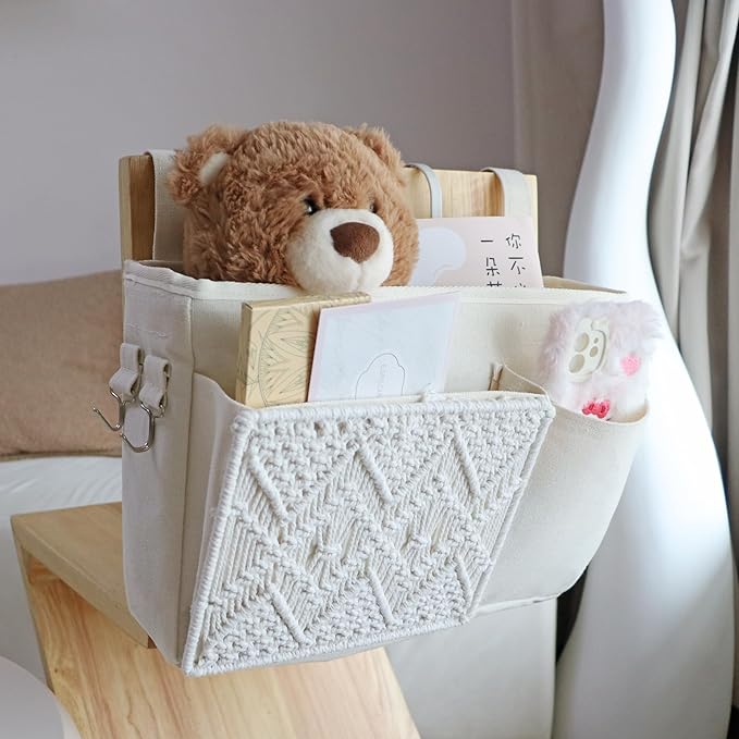 GYASVWU Boho Hanging Bedside Caddy Organizer, Macrame Bedside Pocket, Bunk Bed Organizer for Dorm Room , Baby Bed Rails, Magazine Storage, Toy Storage (White)