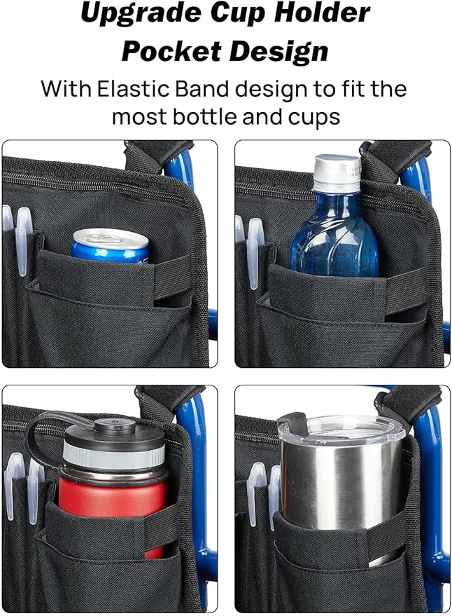 JOYTUTUS Wheelchair Side Bag, Upgraded Walker Pouch Bag with Cup Holder, Wheelchair Armrest Accessories for Walker, Rollator, Electric Scooter Wheelchairs, Ideal Gift for Seniors, Black