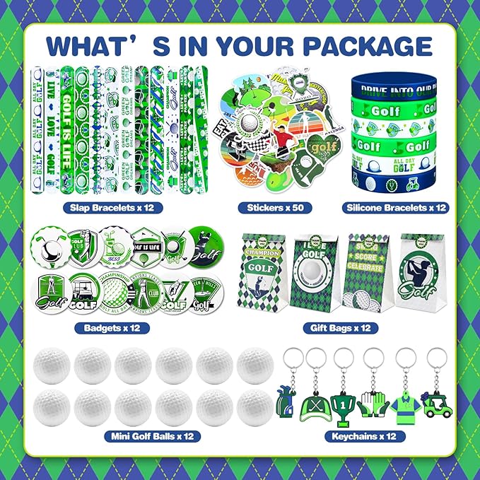 122Pcs Golf Party Favors Golf Goodie Bags Items with Stress Ball Keychain Sticker Badges Silicone Bracelet for Golf Birthday Party Decorations